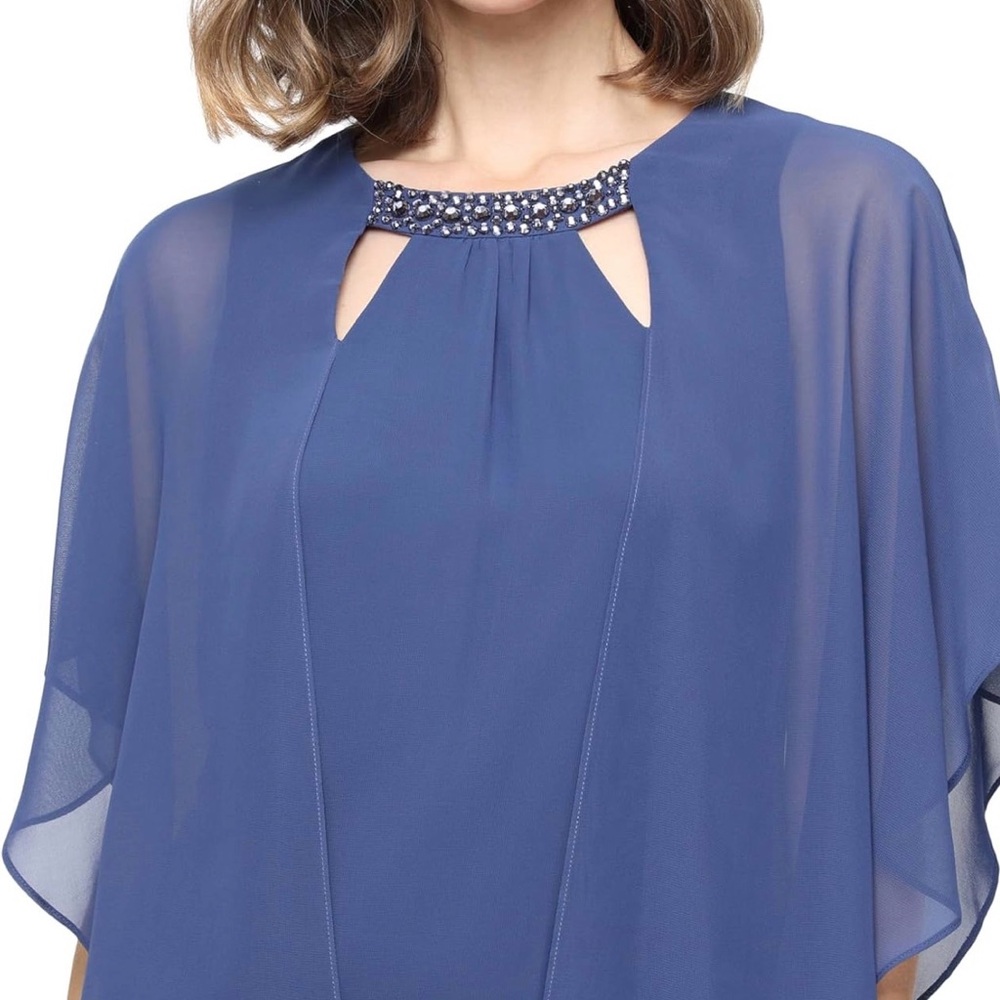 NEW SLNY Blue Chiffon Cape-Back Shift Dress - Picture 2 of 6